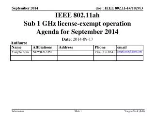 IEEE 802.11ah Sub 1 GHz license-exempt operation Agenda for September 2014