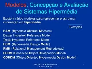 Modelos , Concepção e Avaliação de Sistemas Hipermédia