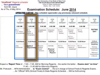 “Unofficial” Regents schedule … “Best guesstimate ” from Mr. Joyce As of Thu. 8 May 2014