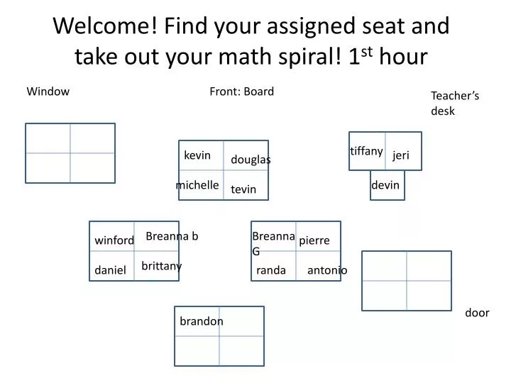 welcome find your assigned seat and take out your math spiral 1 st hour