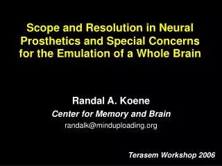 Scope and Resolution in Neural Prosthetics and Special Concerns for the Emulation of a Whole Brain