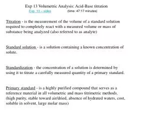 Exp 13 Volumetric Analysis: Acid-Base titration