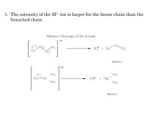 The intensity of the M + . ion is larger for the linear chain than the branched chain