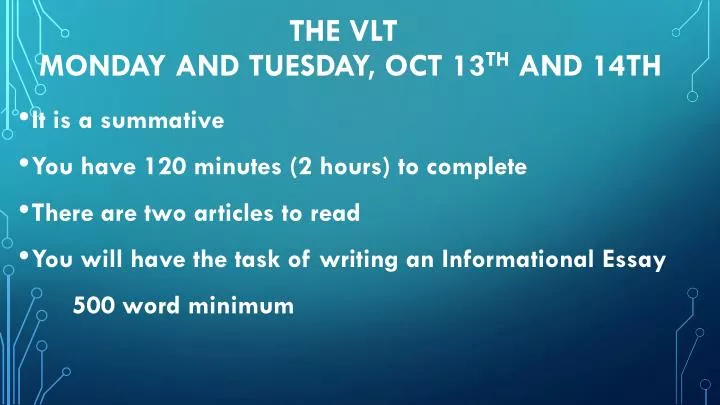 the vlt monday and tuesday oct 13 th and 14th