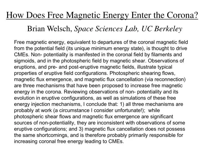 how does free magnetic energy enter the corona