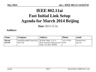 IEEE 802.11ai Fast Initial Link Setup Agenda for March 2014 Beijing