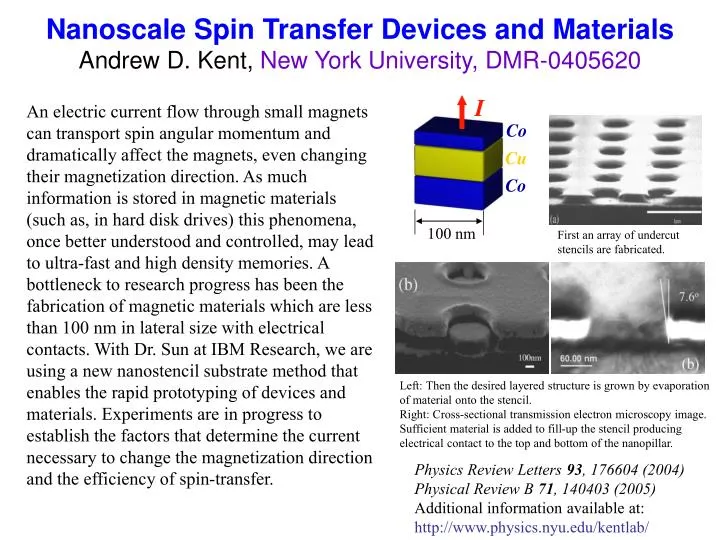 nanoscale spin transfer devices and materials andrew d kent new york university dmr 0405620