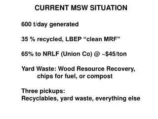 CURRENT MSW SITUATION 600 t/day generated 	35 % recycled, LBEP “clean MRF”