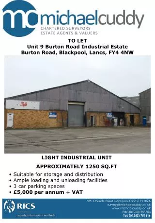 TO LET Unit 9 Burton Road Industrial Estate Burton Road, Blackpool, Lancs, FY4 4NW