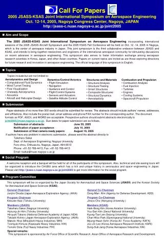 Call For Papers 2005 JSASS-KSAS Joint International Symposium on Aerospace Engineering