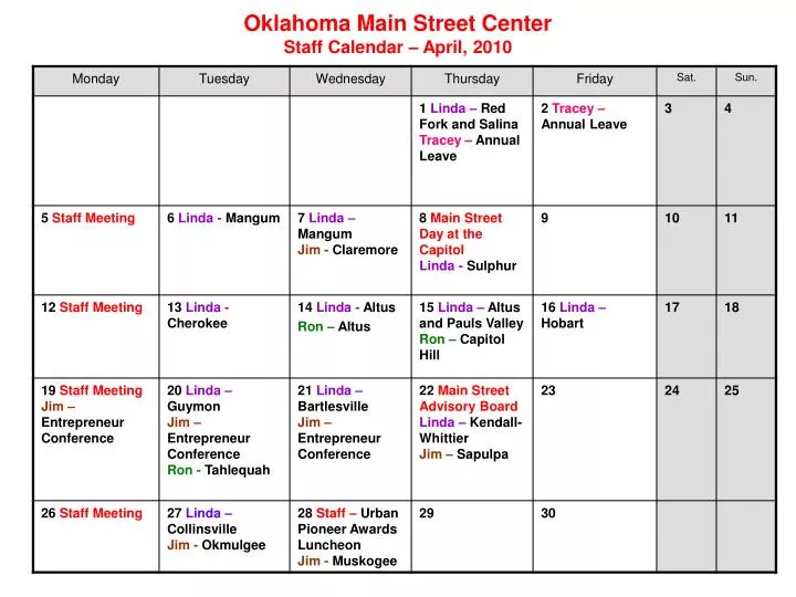 oklahoma main street center staff calendar april 2010