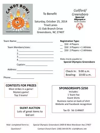 To Benefit Saturday, October 25, 2014 Triad Lanes 21 Oak Branch Drive