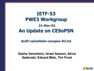 IETF-53 PWE3 Workgroup 21-Mar-02 An Update on CESoPSN draft-vainshtein-cesopsn-02.txt