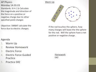 Agenda Warm Up Review Homework Electric Force Electric Force Guided Practice Practice E#2