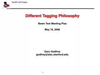 Different Tagging Philosophy Beam Test Meeting Pisa May 16, 2006 Gary Godfrey