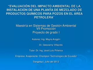 Maestría en Sistemas de Gestión Ambiental VII Promoción Proyecto de grado I