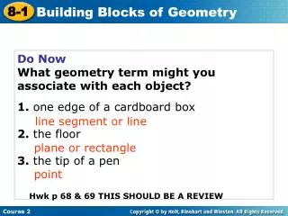 Do Now What geometry term might you associate with each object? 1. one edge of a cardboard box
