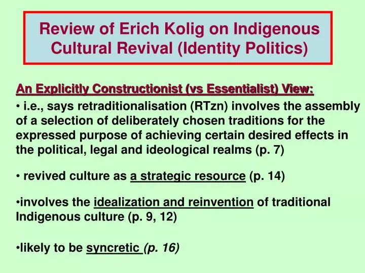 review of erich kolig on indigenous cultural revival identity politics