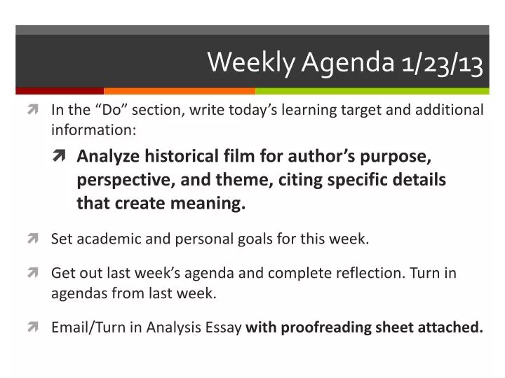 weekly agenda 1 23 13