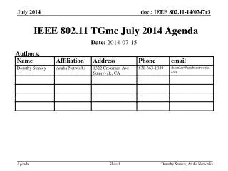 IEEE 802.11 TGmc July 2014 Agenda