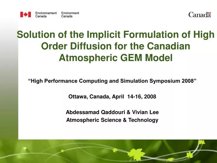 solution of the implicit formulation of high order diffusion for the canadian atmospheric gem model