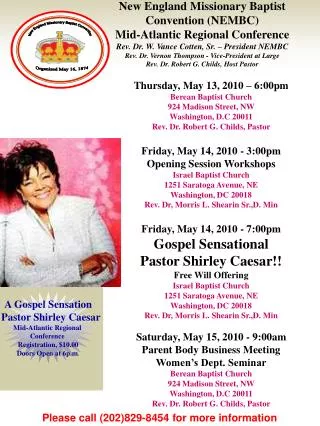 A Gospel Sensation Pastor Shirley Caesar Mid-Atlantic Regional Conference Registration, $10.00