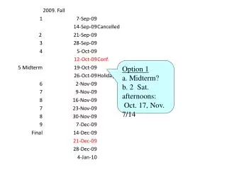 Option 1 a. Midterm? b. 2 Sat. afternoons: Oct. 17, Nov. 7/14