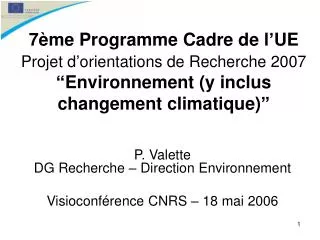 P. Valette DG Recherche – Direction Environnement Visioconférence CNRS – 18 mai 2006