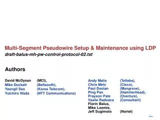 Multi-Segment Pseudowire Setup &amp; Maintenance using LDP draft-balus-mh-pw-control-protocol-02.txt