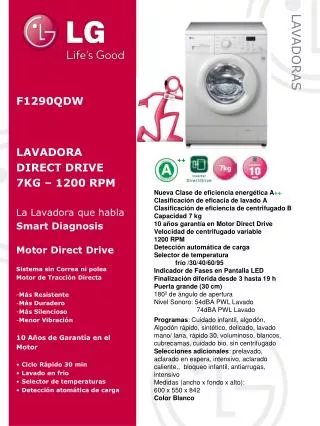 F1290QDW LAVADORA DIRECT DRIVE 7KG – 1200 RPM La Lavadora que habla Smart Diagnosis