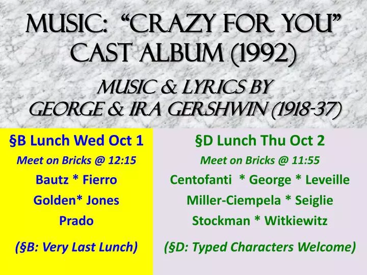 music crazy for you cast album 1992 music lyrics by g eorge ira gershwin 1918 37