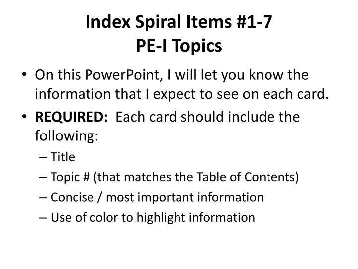 index spiral items 1 7 pe i topics