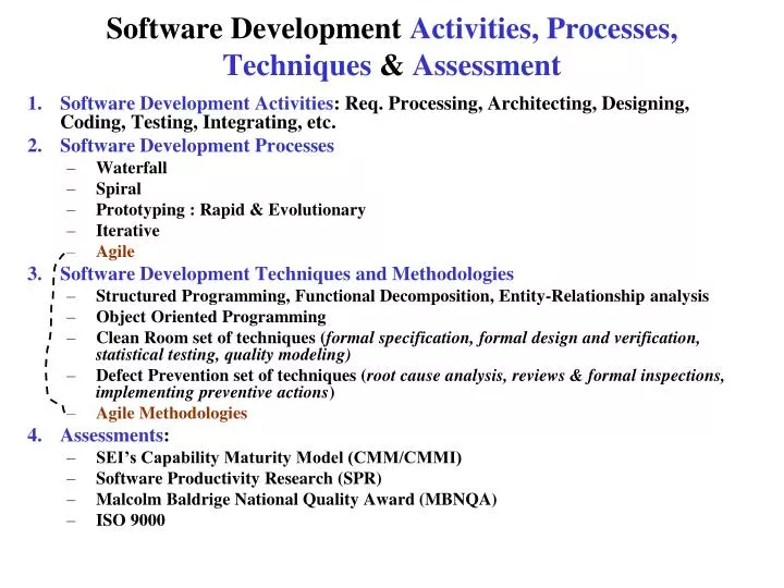 software development activities processes techniques assessment
