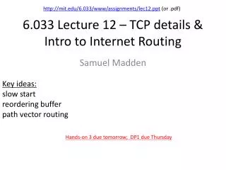 6.033 Lecture 12 – TCP details &amp; Intro to Internet Routing