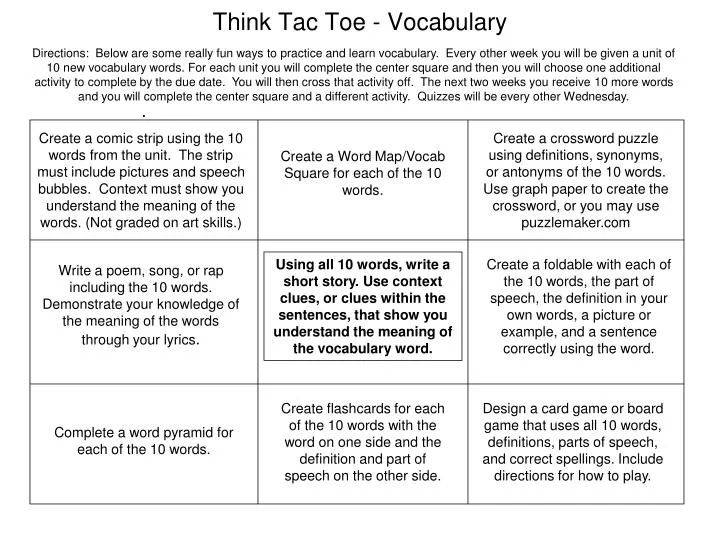 think tac toe vocabulary