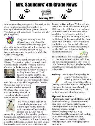 Mrs. Saunders’ 4th Grade News February 2012