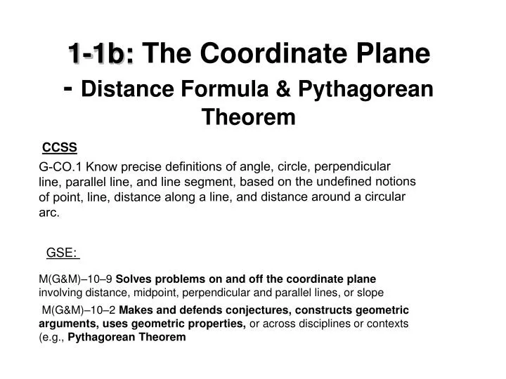 1 1b the coordinate plane distance formula pythagorean theorem