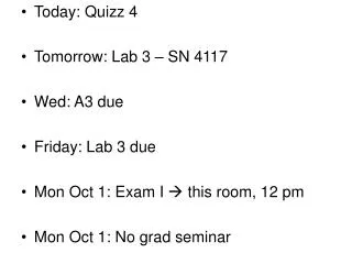 Today: Quizz 4 Tomorrow: Lab 3 – SN 4117 Wed: A3 due Friday: Lab 3 due