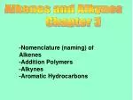 -Nomenclature (naming) of Alkenes -Addition Polymers -Alkynes -Aromatic Hydrocarbons
