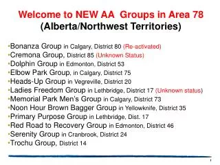 Welcome to NEW AA Groups in Area 78 (Alberta/Northwest Territories)