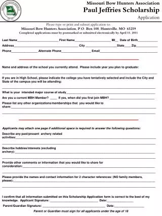 Missouri Bow Hunters Association Paul Jeffries Scholarship Application