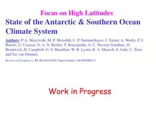 Focus on High Latitudes State of the Antarctic &amp; Southern Ocean Climate System