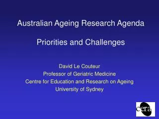 Australian Ageing Research Agenda Priorities and Challenges
