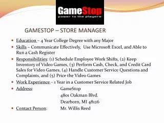 GAMESTOP – STORE MANAGER
