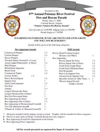 Invitation to the 57 th Annual Potomac River Festival Fire and Rescue Parade