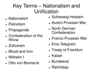 Key Terms – Nationalism and Unification