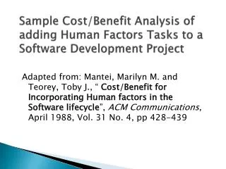 Sample Cost/Benefit Analysis of adding Human Factors Tasks to a Software Development Project