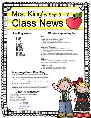 Mrs. King’s Sept 8 - 12 Class News