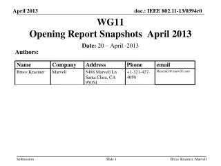 WG11 Opening Report Snapshots April 2013