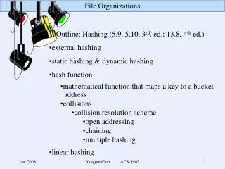 Outline: Hashing (5.9, 5.10, 3 rd . ed.; 13.8, 4 th ed.) external hashing